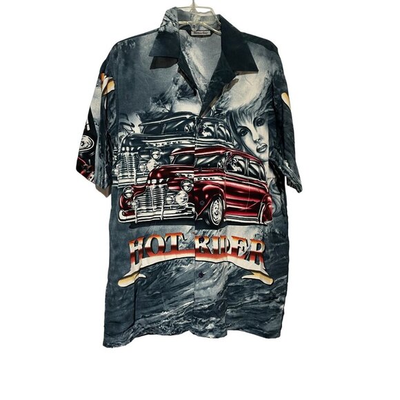Million Guy Men's Button Up Shirt Hot Rider Red Car All Over Print Gray Size XL - Picture 1 of 5